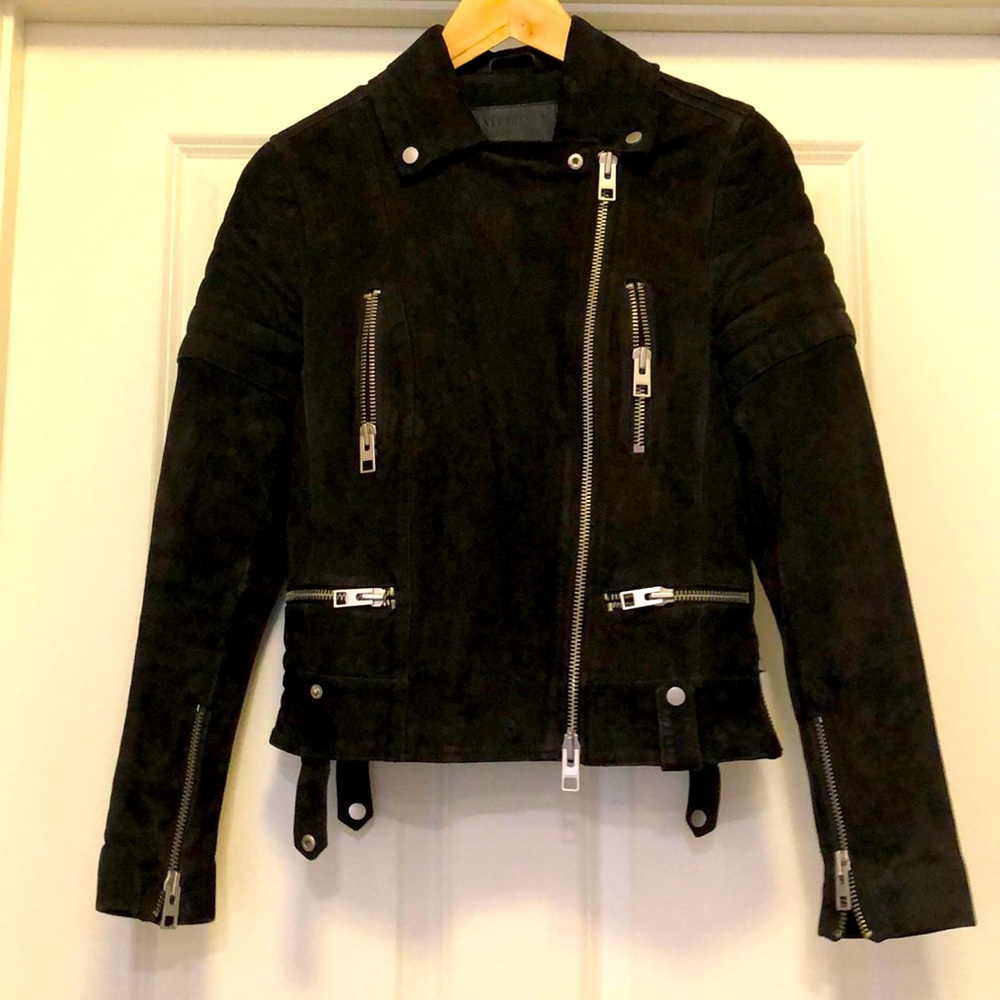 AllSaints woman black suede biker jacket in size 4